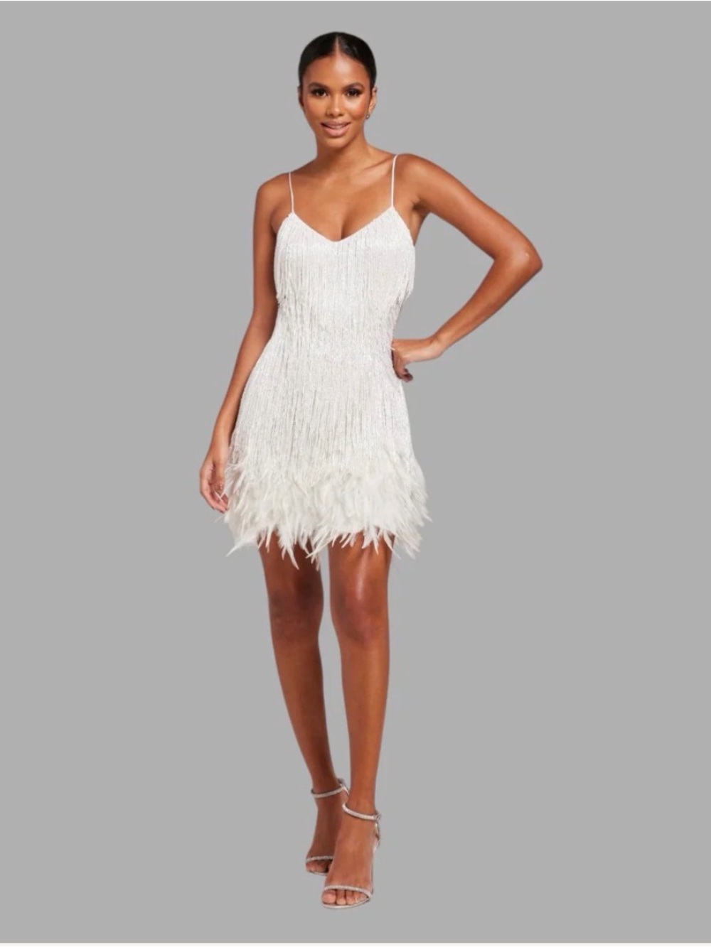 White Feather Hem Sequin Dress with Fringe - NWOT